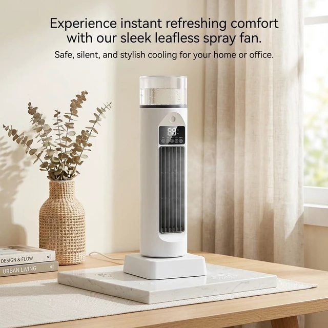 Alt view image 7 of 7 - Leafless Spray Fan, Bladeless Air Cooler with Water Mist, Portable USB Desk Cooling Fan for Office Home Bedroom, Compact White Design(White)