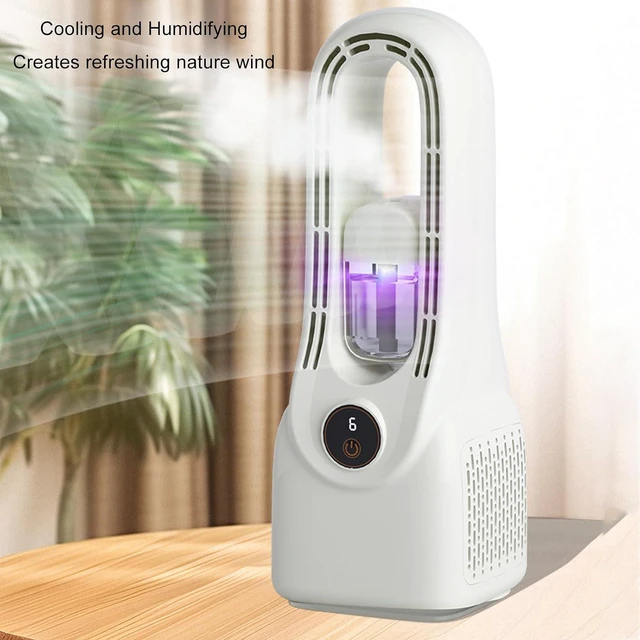 Alt view image 2 of 7 - USB Bladeless Fan 6 Speed Misting Quiet, Rechargeable Table Cooler with 150ml Humidifier and 5 Color Night Light for Bedroom Office