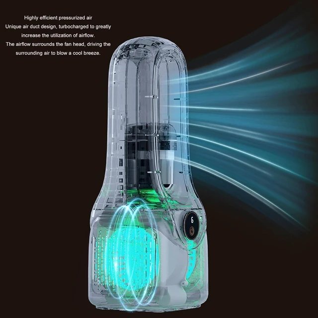 Alt view image 4 of 7 - USB Bladeless Fan 6 Speed Misting Quiet, Rechargeable Table Cooler with 150ml Humidifier and 5 Color Night Light for Bedroom Office