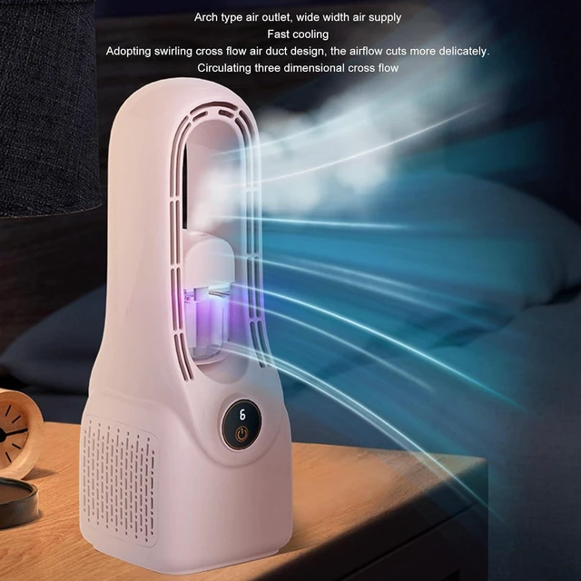 Alt view image 5 of 7 - USB Bladeless Fan 6 Speed Misting Quiet, Rechargeable Table Cooler with 150ml Humidifier and 5 Color Night Light for Bedroom Office
