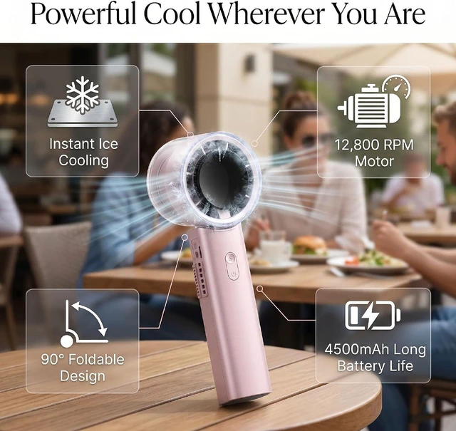 Alt view image 3 of 7 - Diydeg Handheld Fan, 12800RPM USB Rechargeable Foldable Portable Fan with 6 Gear Speeds and 4500mAhBattery, Quiet Personal for Outdoor, Office, Home, Travel and Beach (Purple)