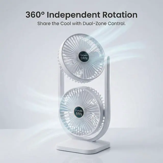 Alt view image 3 of 7 - Bewinner Dual Head Desk Fan Portable Rechargeable Electric Floor Fan for Home Office Travel White 3 Speed 3000mAh
