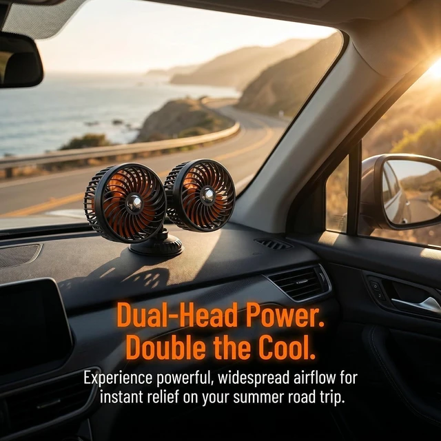 Alt view image 3 of 7 - Dual Head Suction Cup Car Cooling Fan with 3-speed Adjustable 360° Rotation, USB Powered Silent
