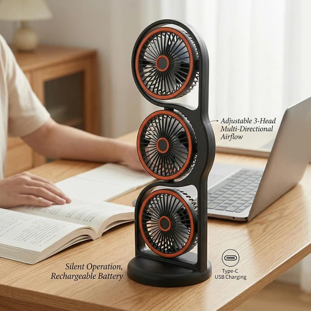 Alt view image 4 of 7 - Jiawu Desk Fan, USB Rechargeable 3 Head Desk Fan, Triple Head with Multiple Speed Settings and Builtin Light for Study Work Outdoor Activities (Grey)