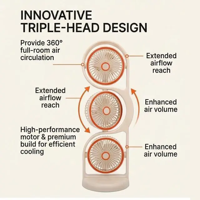 Alt view image 5 of 7 - PUSOKEI Desk Fan, USB Rechargeable 3 Head Fan, Table with Multiple Speed Settings, Portable with LED Light for Study Work Outdoor (Beige)