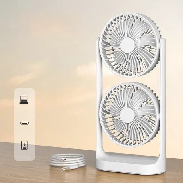 Alt view image 2 of 7 - Double-Headed Desk Fan, 3-Speed Rechargeable USB Air Cooler, Portable Cordless Cooling Fan with Dual Airflow for Home Office Bedroom Travel, White