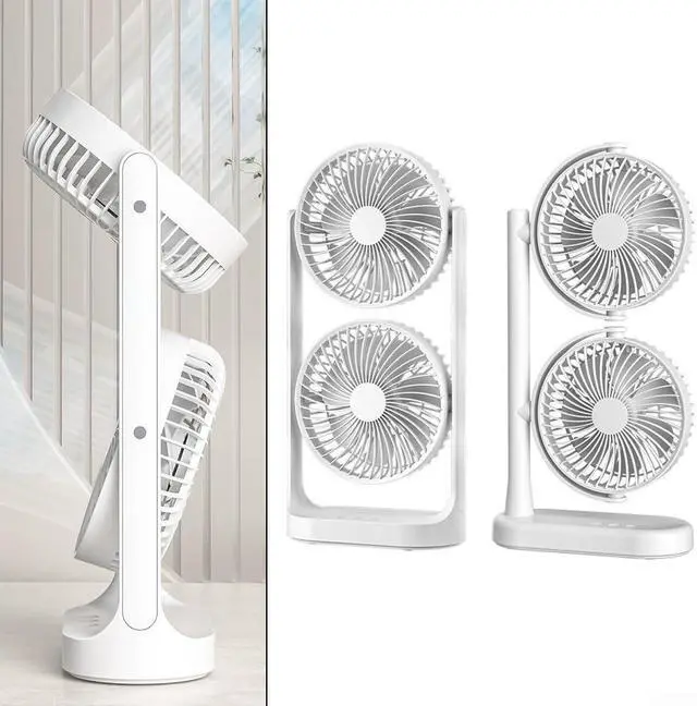 Alt view image 4 of 7 - Double-Headed Desk Fan, 3-Speed Rechargeable USB Air Cooler, Portable Cordless Cooling Fan with Dual Airflow for Home Office Bedroom Travel, White