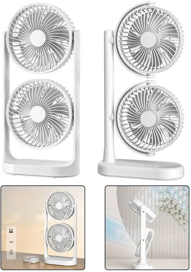 Alt view image 5 of 7 - Double-Headed Desk Fan, 3-Speed Rechargeable USB Air Cooler, Portable Cordless Cooling Fan with Dual Airflow for Home Office Bedroom Travel, White