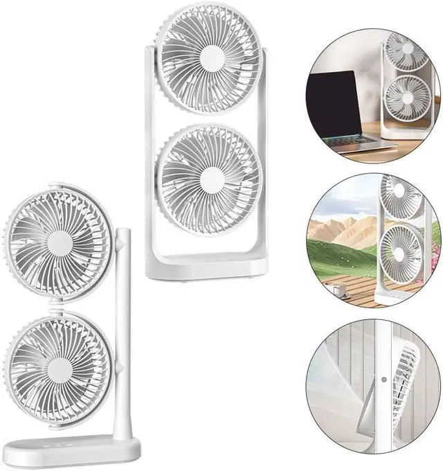 Alt view image 6 of 7 - Double-Headed Desk Fan, 3-Speed Rechargeable USB Air Cooler, Portable Cordless Cooling Fan with Dual Airflow for Home Office Bedroom Travel, White