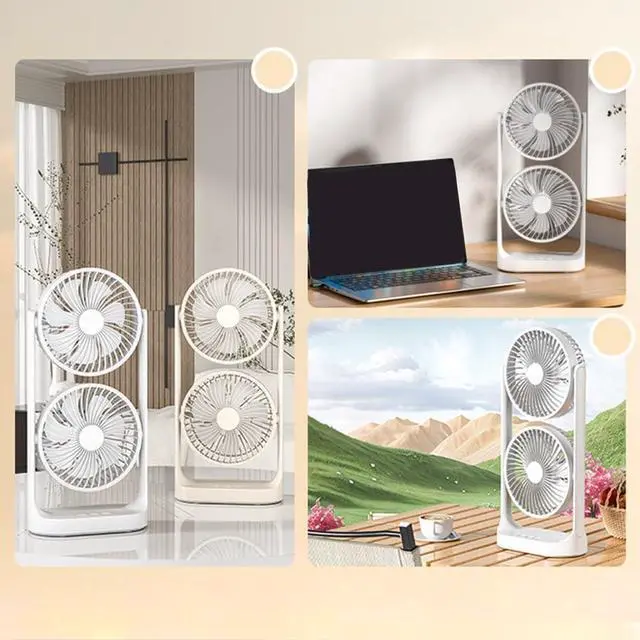 Alt view image 7 of 7 - Double-Headed Desk Fan, 3-Speed Rechargeable USB Air Cooler, Portable Cordless Cooling Fan with Dual Airflow for Home Office Bedroom Travel, White