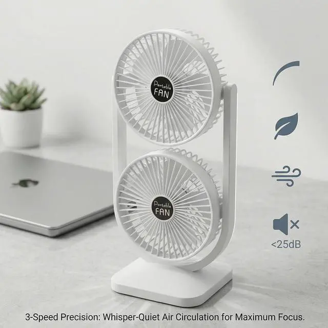 Alt view image 2 of 7 - Dual Head Desk Fan USB Rechargeable 3 Speed Portable Electric Floor Fan Home Office Dorm Travel White