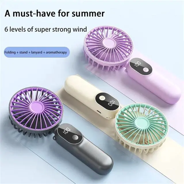 Alt view image 2 of 5 - Handheld Fan, Handheld Fan Digital Display Foldable 6 Speed Large Wind,for Outdoors/Travel/Camping(White)
