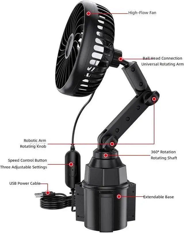 Alt view image 4 of 7 - Portable 5V Car USB Powered Fan for Cup Holder Portable 360 Degree Rotation Low 3 Speed Adjustable Cooling Fan Cooling for Car