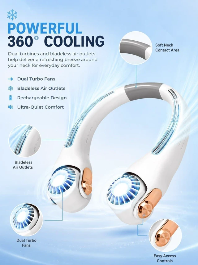 Alt view image 3 of 7 - Neck Air Conditioner Fan, Portable Neck Around Fan Blow Cold Air Rechargeable, Long Battery Life Hands Free Wearable Wind Cooler, Personal Quiet Cooling Equipment Indoor Office