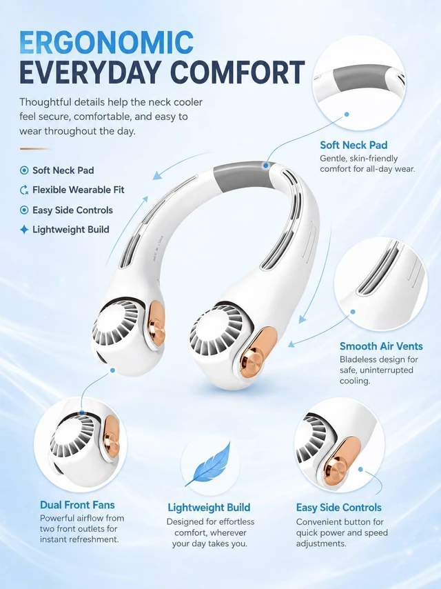 Alt view image 4 of 7 - Neck Air Conditioner Fan, Portable Neck Around Fan Blow Cold Air Rechargeable, Long Battery Life Hands Free Wearable Wind Cooler, Personal Quiet Cooling Equipment Indoor Office