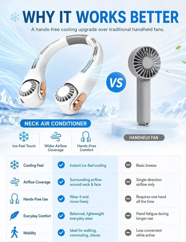 Alt view image 5 of 7 - Neck Air Conditioner Fan, Portable Neck Around Fan Blow Cold Air Rechargeable, Long Battery Life Hands Free Wearable Wind Cooler, Personal Quiet Cooling Equipment Indoor Office