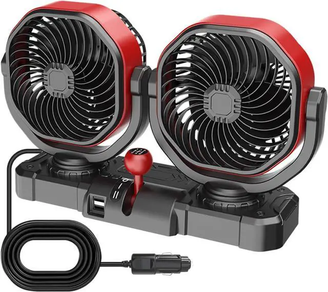 Main image of Twin Head Car Fan 12V/24V Vibrating Vehicle Cooling Fan, Auto Power Plug, USB Output, Brushless Motor, Car Cabin Dashboard Cab Automatic Cooling Car Air Circulator for Truck and Work Car Truck Bed