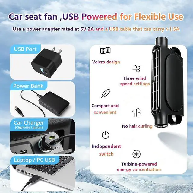 Alt view image 6 of 7 - Car Fan for Front and Back Seat,Ultra-Quiet Portable Car Fan for Backseat | Headrest Mount Cooling Fan with 3 Speeds,Portable Car Ac Fans Fits Headrest Posts Spaced 4.7 in
