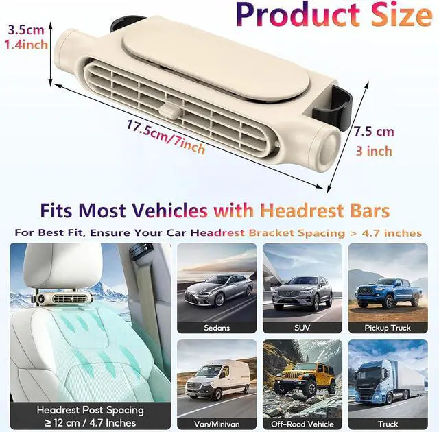 Alt view image 7 of 7 - Car Fan for Front and Back Seat,Ultra-Quiet Portable Car Fan for Backseat | Headrest Mount Cooling Fan with 3 Speeds,Portable Car Ac Fans Fits Headrest Posts Spaced 4.7 in