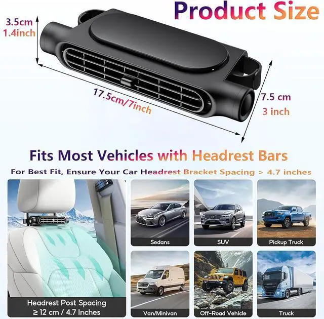 Alt view image 7 of 7 - Car Seat Fan with 3 Adjustable Wind Speeds,Invisible Car Headrest Cooling Fan