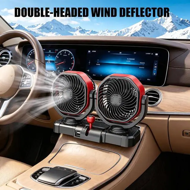 Alt view image 2 of 7 - Twin Head Car Fan 12V/24V Vibrating Vehicle Cooling Fan, Auto Power Plug, USB Output, Brushless Motor, Car Cabin Dashboard Cab Automatic Cooling Car Air Circulator for Truck and Work Car Truck Bed