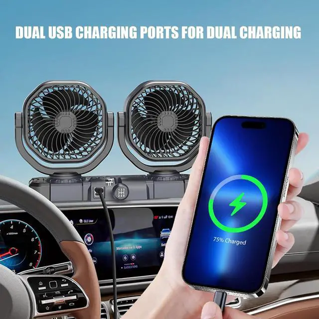 Alt view image 7 of 7 - Twin Head Car Fan 12V/24V Vibrating Vehicle Cooling Fan, Auto Power Plug, USB Output, Brushless Motor, Car Cabin Dashboard Cab Automatic Cooling Car Air Circulator for Truck and Work Car Truck Bed