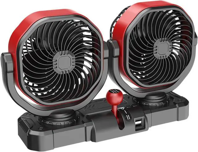 Alt view image 6 of 7 - Twin Head Car Fan 12V/24V Vibrating Vehicle Cooling Fan, Auto Power Plug, USB Output, Brushless Motor, Car Cabin Dashboard Cab Automatic Cooling Car Air Circulator for Truck and Work Car Truck Bed