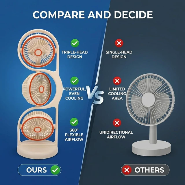 Alt view image 4 of 7 - Ymiko Desk Fan, USB Rechargeable Portable 3 Head Fan with 360 Air Circulation and Multiple Speed Settings, for Study Work Outdoor Activities (Beige)