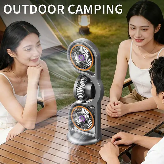 Alt view image 3 of 7 - Tangxi Desk Fan, USB Rechargeable Portable 3 Head Fan, 5 Speed Setting with Light, Table for Study Work Outdoor Bedroom (Grey)