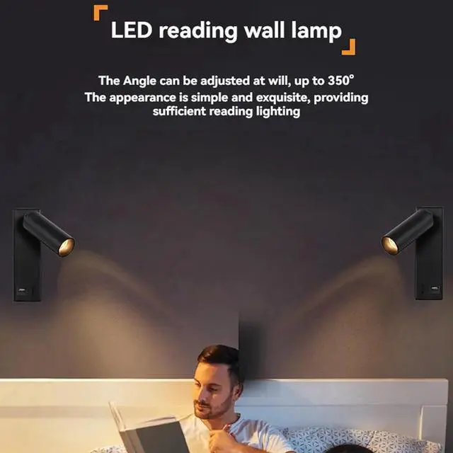 Alt view image 5 of 6 - 2X 3W LED Wall Lamp Embedded and Rotatable Reading Light USB Focus Light for Bedroom Bedside Study 3000K Black