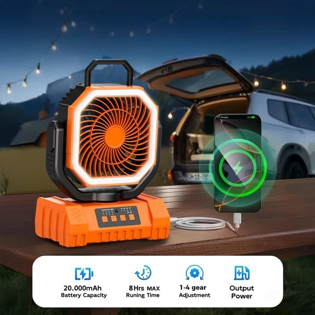 Alt view image 4 of 7 - Portable Rechargeable Fan 20000mAh, Camping Fan with LED Light & Remote, 3 Speeds Timer Hanging Hook, for Travel Tent Outdoor Essentials