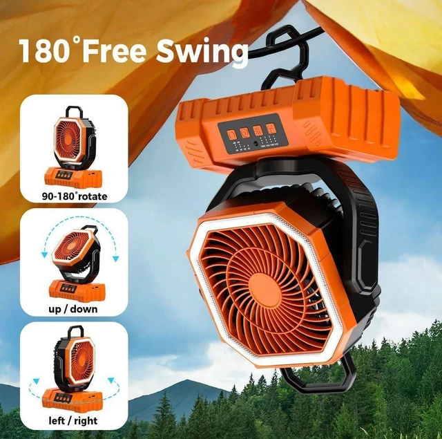 Alt view image 2 of 7 - Portable Rechargeable Fan 20000mAh, Camping Fan with LED Light & Remote, 3 Speeds Timer Hanging Hook, for Travel Tent Outdoor Essentials
