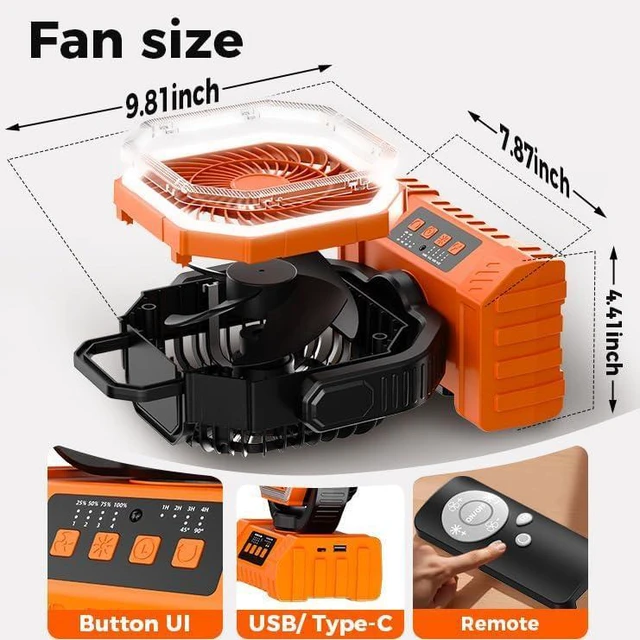 Alt view image 6 of 7 - Portable Rechargeable Fan 20000mAh, Camping Fan with LED Light & Remote, 3 Speeds Timer Hanging Hook, for Travel Tent Outdoor Essentials