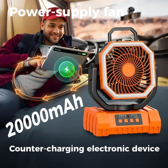 Alt view image 3 of 7 - Portable Rechargeable Fan 20000mAh, Camping Fan with LED Light & Remote, 3 Speeds Timer Hanging Hook, for Travel Tent Outdoor Essentials