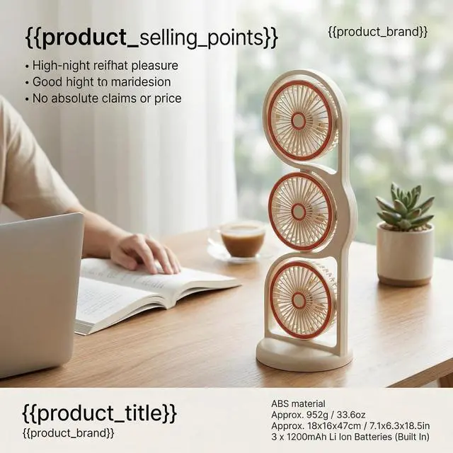 Alt view image 4 of 7 - PUSOKEI Desk Fan, USB Rechargeable 3 Head Fan, Table with Multiple Speed Settings, Portable with LED Light for Study Work Outdoor (Beige)