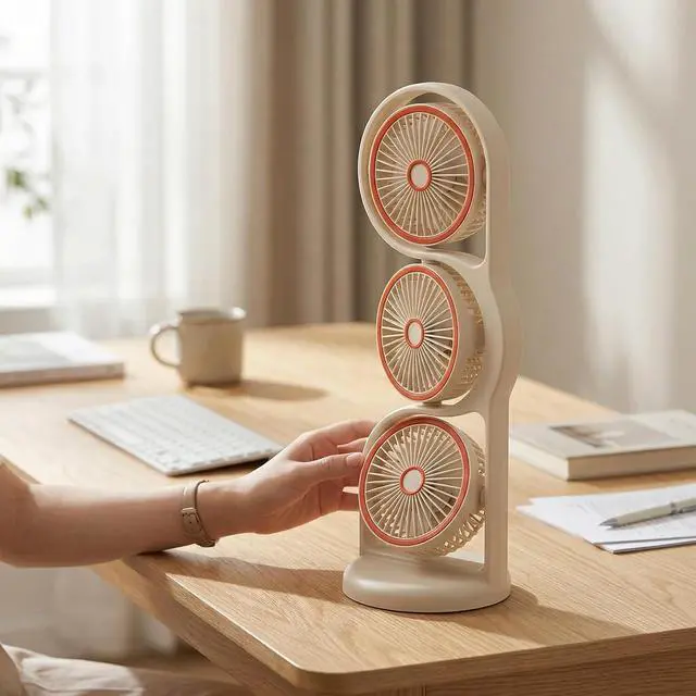 Alt view image 3 of 7 - PUSOKEI Desk Fan, USB Rechargeable 3 Head Fan, Table with Multiple Speed Settings, Portable with LED Light for Study Work Outdoor (Beige)