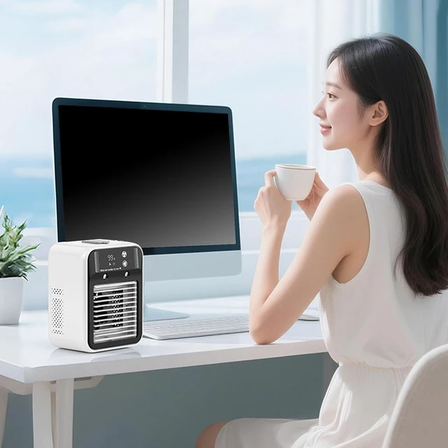 Alt view image 7 of 7 - Desktop Air Cooling Fan 2 Speed USB Rechargeable Quiet Misting Fan for Indoor Outdoor Evaporative Air Cooler