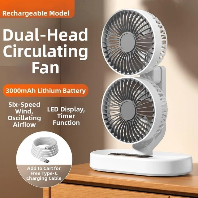 Alt view image 3 of 7 - Rechargeable USB Dual-Head Fan, Dual Head Cooling Fan, Desk Fan For Bedroom, Quiet Table Fan, 360° Rotation 6 Quiet Speeds, 9 Hour Timer, Dual-head Oscillating Desktop Fan