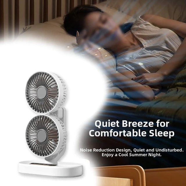 Alt view image 2 of 7 - Rechargeable USB Dual-Head Fan, Dual Head Cooling Fan, Desk Fan For Bedroom, Quiet Table Fan, 360° Rotation 6 Quiet Speeds, 9 Hour Timer, Dual-head Oscillating Desktop Fan