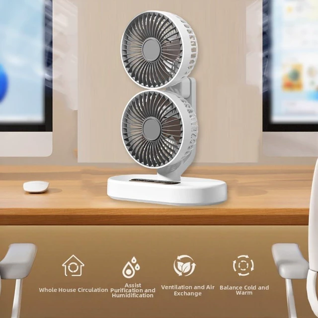 Alt view image 7 of 7 - Rechargeable USB Dual-Head Fan, Dual Head Cooling Fan, Desk Fan For Bedroom, Quiet Table Fan, 360° Rotation 6 Quiet Speeds, 9 Hour Timer, Dual-head Oscillating Desktop Fan