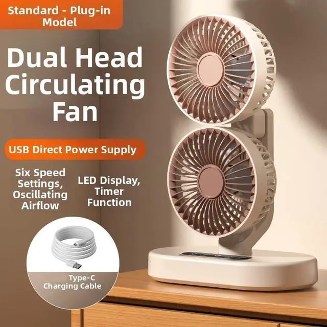Alt view image 3 of 7 - Rechargeable USB Dual-Head Fan,Desk Fan For Bedroom, Quiet Table Fan, 360° Rotation 6 Quiet Settings And 9-hour Smart Timer For Tent Outdoor Travel Office RV
