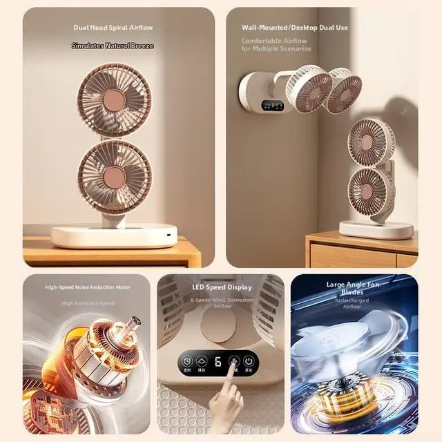 Alt view image 4 of 7 - Rechargeable USB Dual-Head Fan,Desk Fan For Bedroom, Quiet Table Fan, 360° Rotation 6 Quiet Settings And 9-hour Smart Timer For Tent Outdoor Travel Office RV