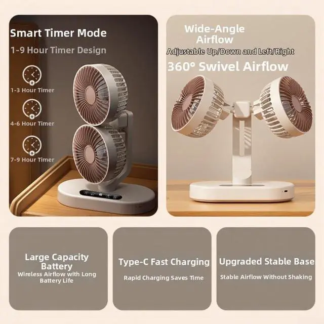 Alt view image 7 of 7 - Rechargeable USB Dual-Head Fan,Desk Fan For Bedroom, Quiet Table Fan, 360° Rotation 6 Quiet Settings And 9-hour Smart Timer For Tent Outdoor Travel Office RV