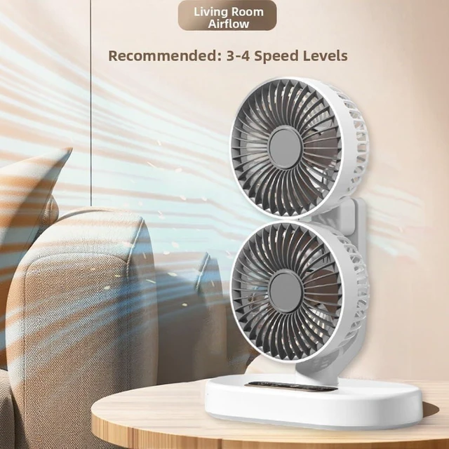 Alt view image 4 of 7 - Rechargeable USB Dual-Head Fan, Dual Head Cooling Fan, Desk Fan For Bedroom, Quiet Table Fan, 360° Rotation 6 Quiet Speeds, 9 Hour Timer, Dual-head Oscillating Desktop Fan