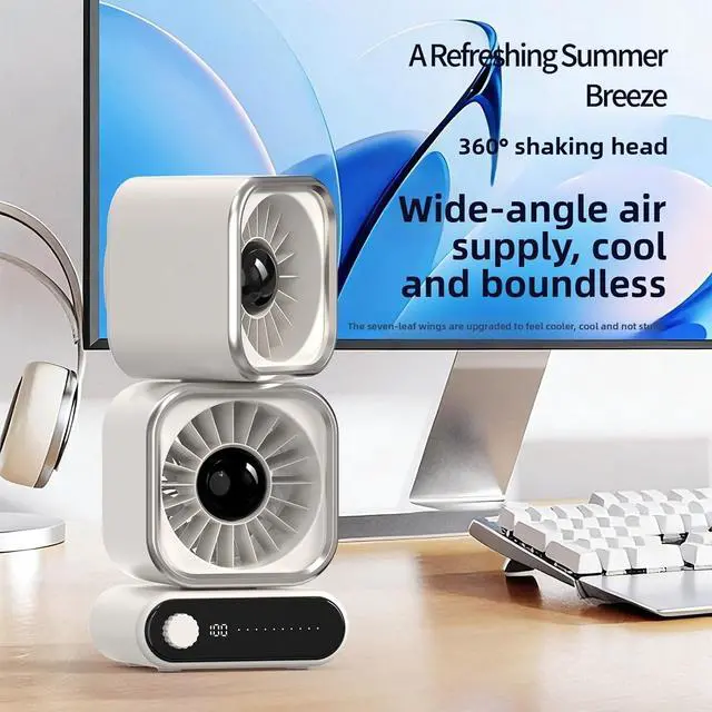 Alt view image 3 of 7 - Table Fan Desk Fan Portable 2 Head 100 Speeds Adjustable USB LED Display 360 Degree Rotating Quiet 4000mAh Battery with Remote Control for Bedroom Office