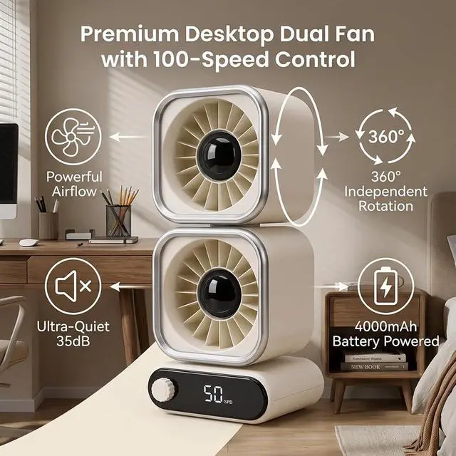 Alt view image 4 of 7 - Table Fan Desk Fan Portable 2 Head 100 Speeds Adjustable USB LED Display 360 Degree Rotating Quiet 4000mAh Battery with Remote Control for Bedroom Office