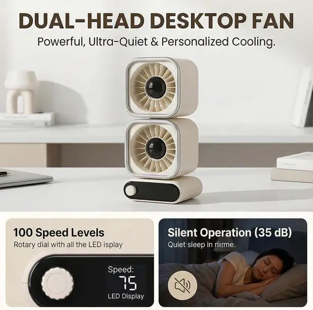 Alt view image 6 of 7 - Table Fan Desk Fan Portable 2 Head 100 Speeds Adjustable USB LED Display 360 Degree Rotating Quiet 4000mAh Battery with Remote Control for Bedroom Office