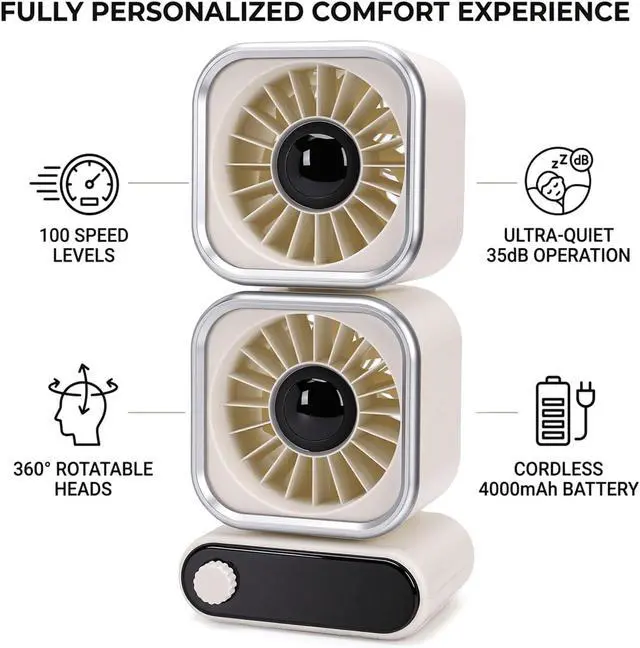 Alt view image 7 of 7 - Table Fan Desk Fan Portable 2 Head 100 Speeds Adjustable USB LED Display 360 Degree Rotating Quiet 4000mAh Battery with Remote Control for Bedroom Office