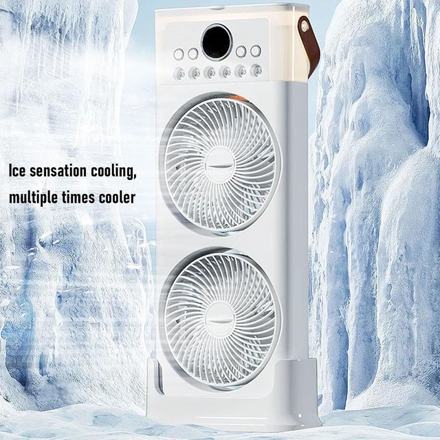 Alt view image 5 of 7 - Socobeta Dual Fan Misting Fan with 6 Nozzles 360 Rotation 2400mAh Battery for Home Office Outdoor Cooling