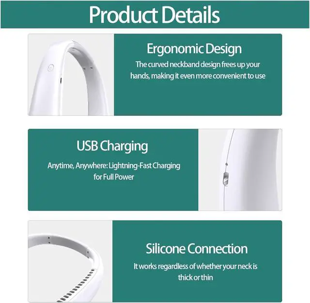 Alt view image 7 of 7 - Neck Fan, Portable Fan Strong Wind, 360° Cooling, Quiet, No Hair Twisting, Even Air Volume On Both Sides, Short Charging(White,2PCS)